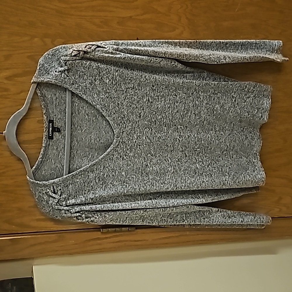Express grey long sleeve shirt with black and white accents.  Size small.